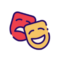 Icône de deux masques de théâtre, l’un souriant et l’autre triste, représentant les arts dramatiques ou le théâtre.